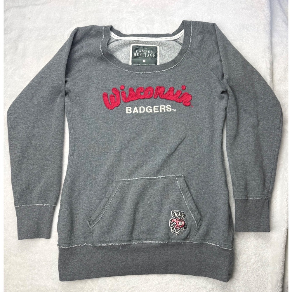 Wisconsin Badgers Y2K Sweatshirt Gray Women SM Scoop Neck Raglan Campus Heritage